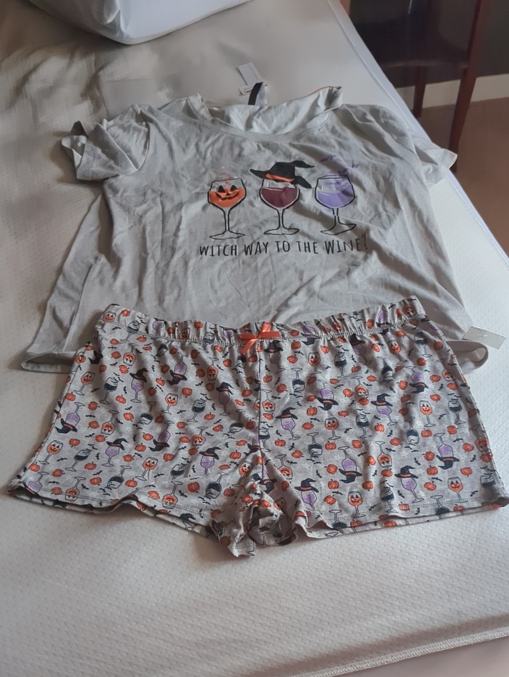 Witch Way to the Wine! Girls' Gray Halloween Wine-Theme Pajama Set